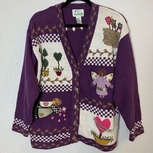 Vintage Quacker Factory Cardigan Sweater Medium Purple Garden Angels Miracles